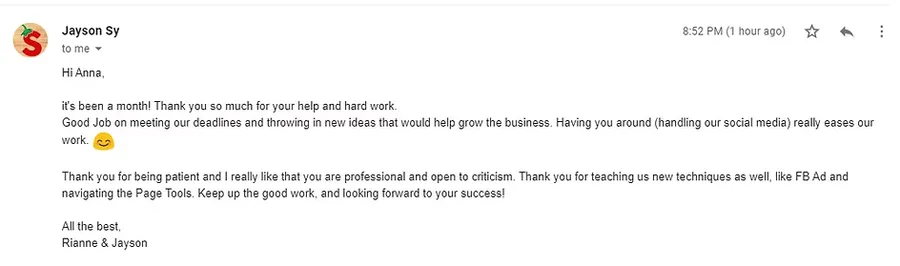 Screenshot of a client email thanking Anna Marie Patubo for her work